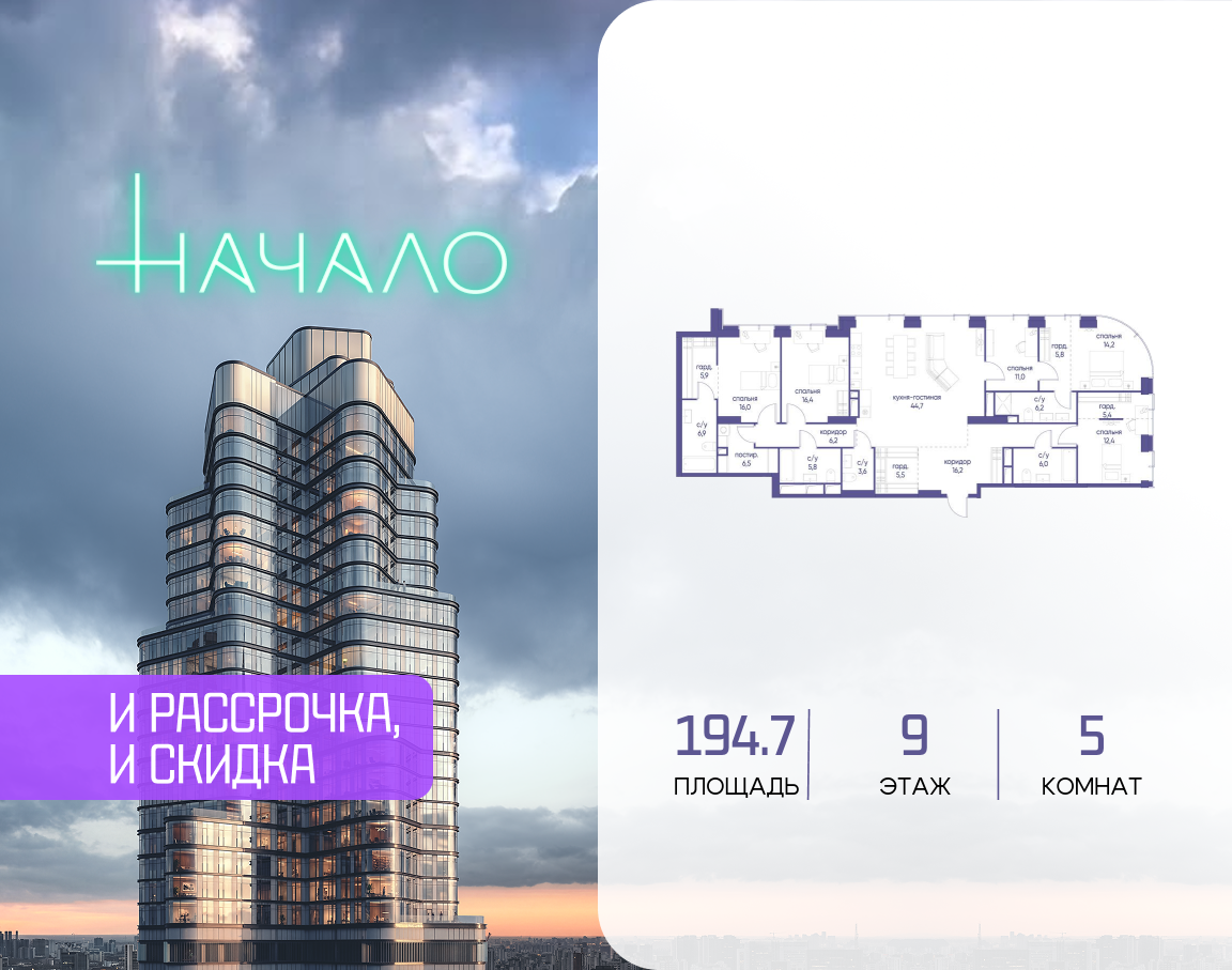 5-комнатная 194 м2 в ЖК Начало корпус null этаж 9