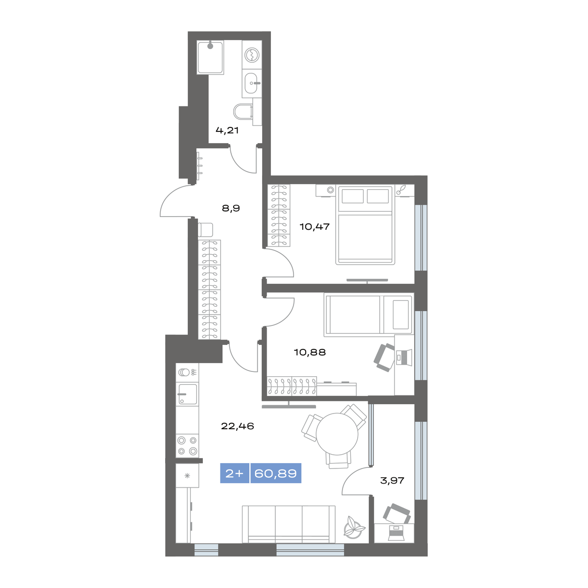 2-комнатная 60 м2 в ЖК Ритм корпус null этаж 12