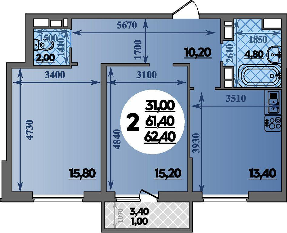 2-комнатная 62 м2 в ЖК Парк у дома корпус null этаж 12