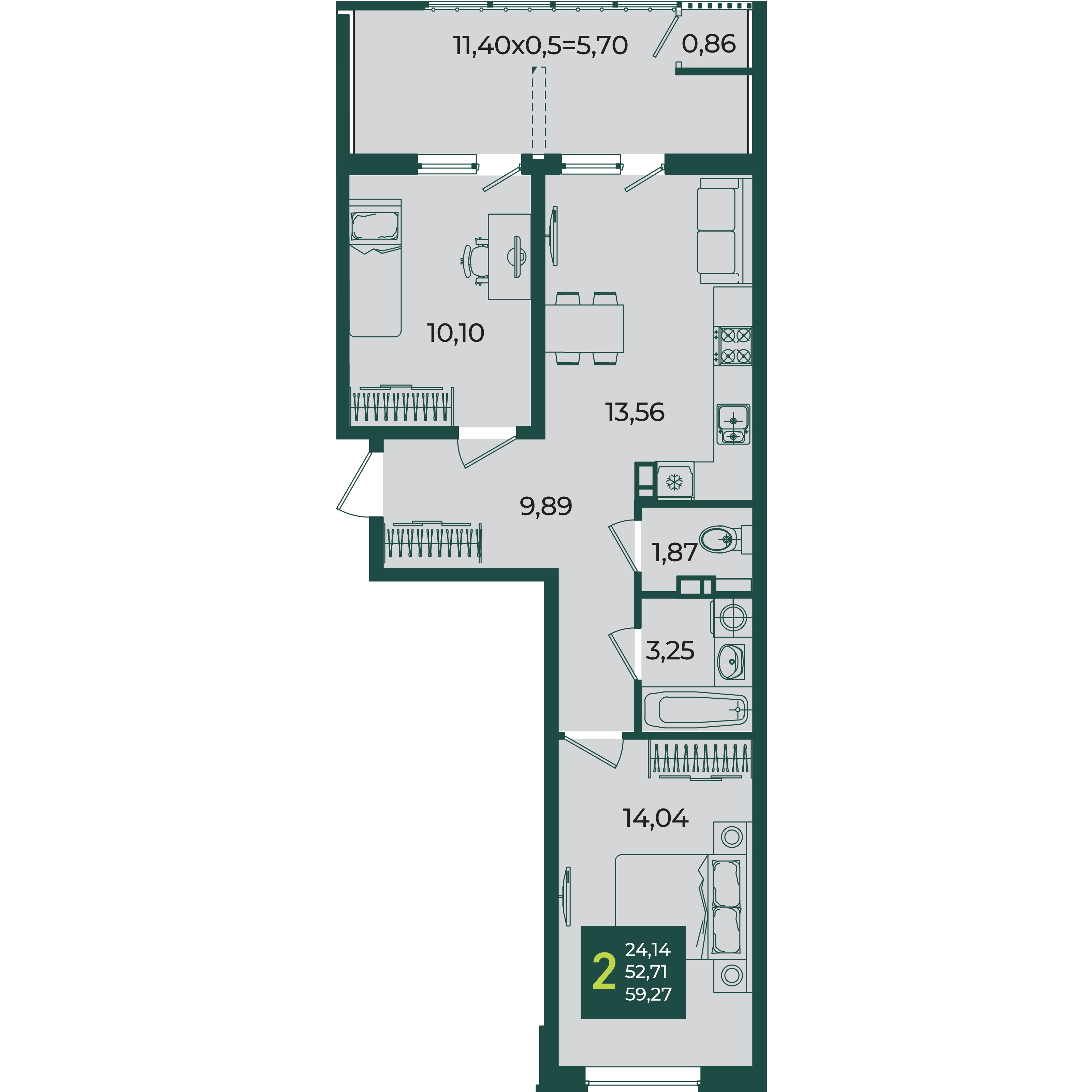 2-комнатная 59 м2 в ЖК Образцово корпус null этаж 5