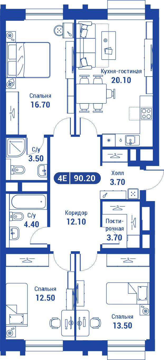 4-комнатная 89 м2 в ЖК iLove корпус null этаж 2