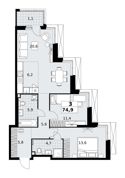 3-комнатная 74 м2 в ЖК Дзен-кварталы корпус null этаж 2