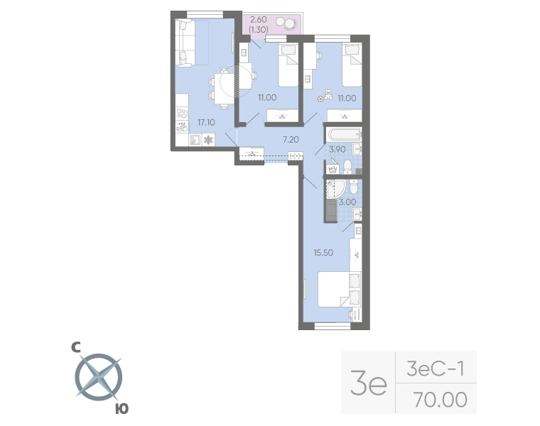 3-комнатная 70 м2 в ЖК Ручьи (2 оч.) корпус null этаж 21