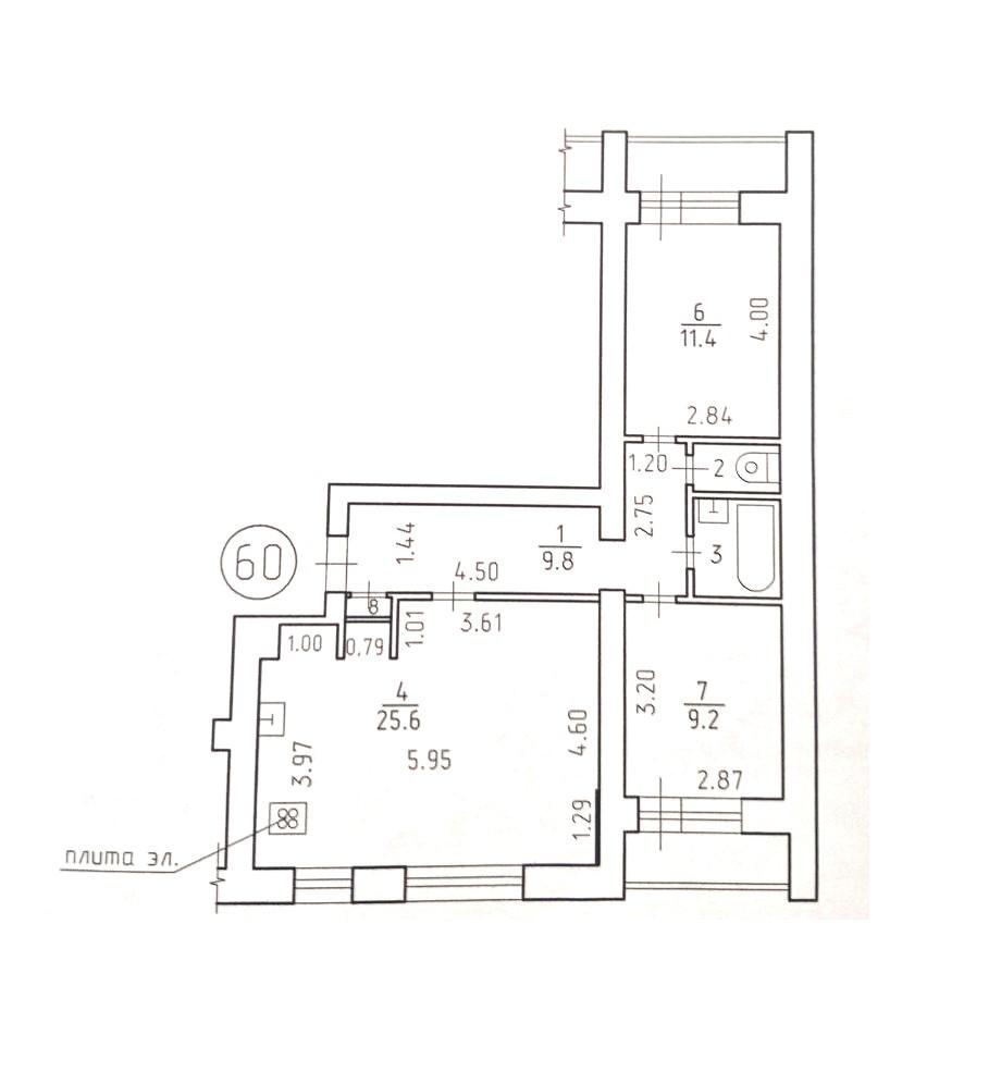 3-комнатная 60.2 м2 в ЖК undefined корпус null этаж 6