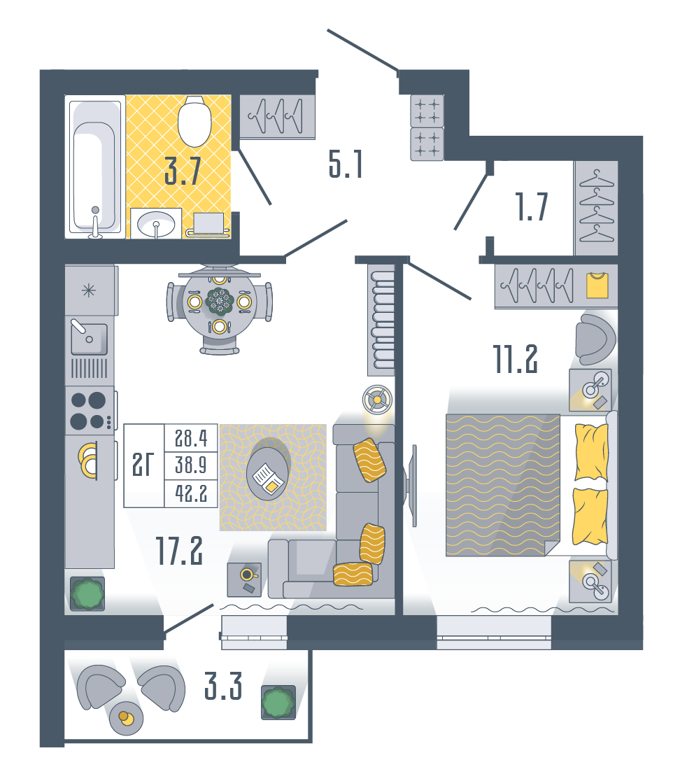 2-комнатная 42 м2 в ЖК Солнечный город корпус null этаж 6