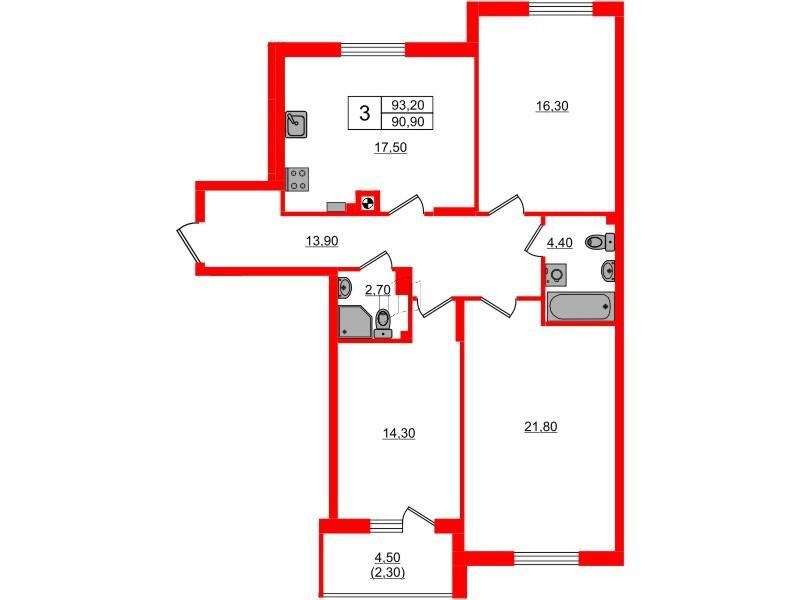 3-комнатная 93 м2 в ЖК River Park-2 корпус null этаж 2