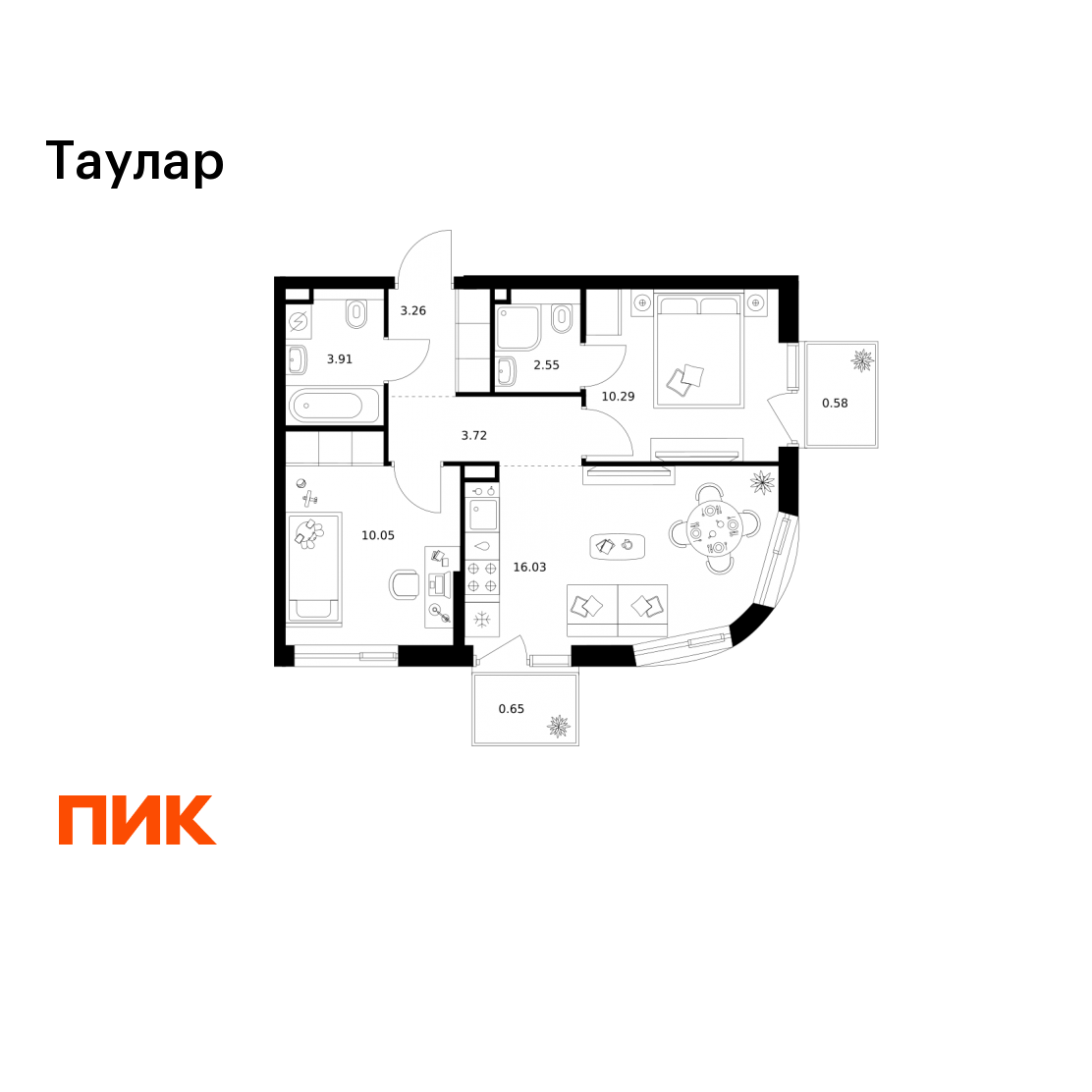2-комнатная 51 м2 в ЖК Таулар корпус null этаж 10