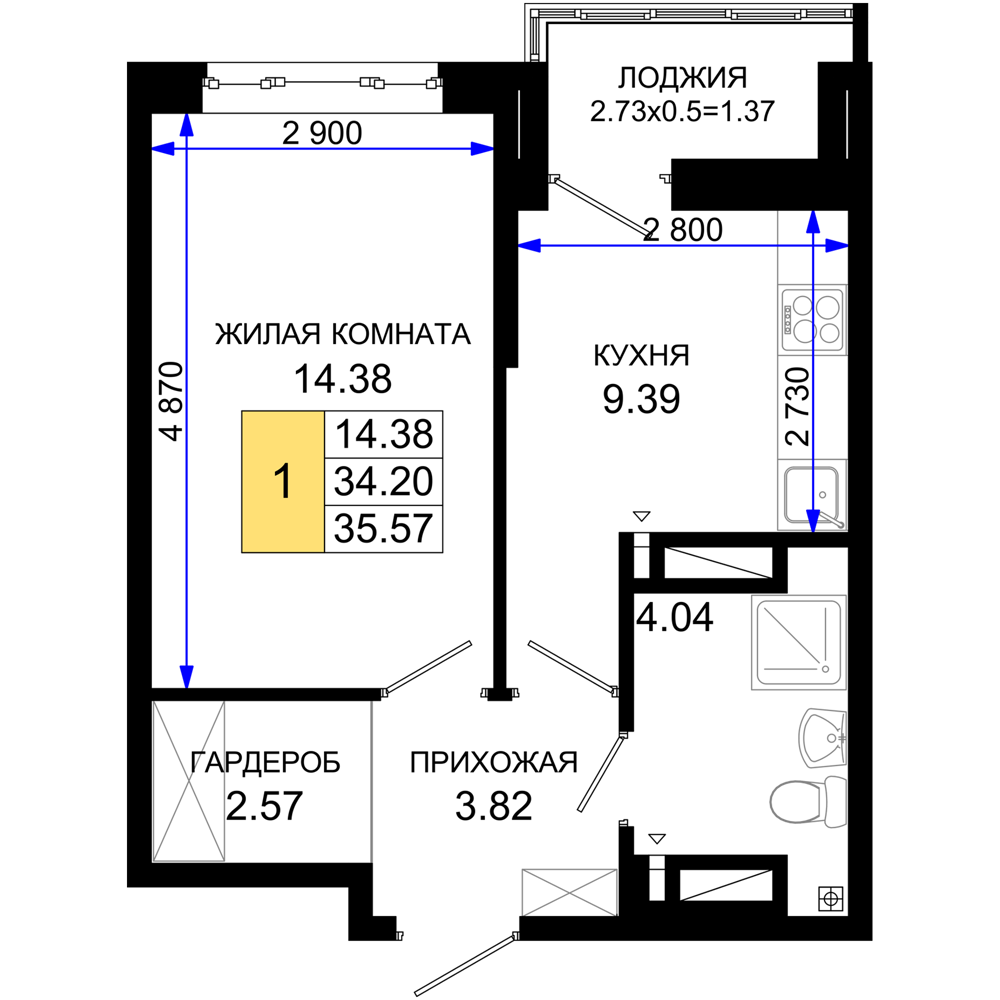 1-комнатная 35 м2 в ЖК Октябрь парк корпус null этаж 6