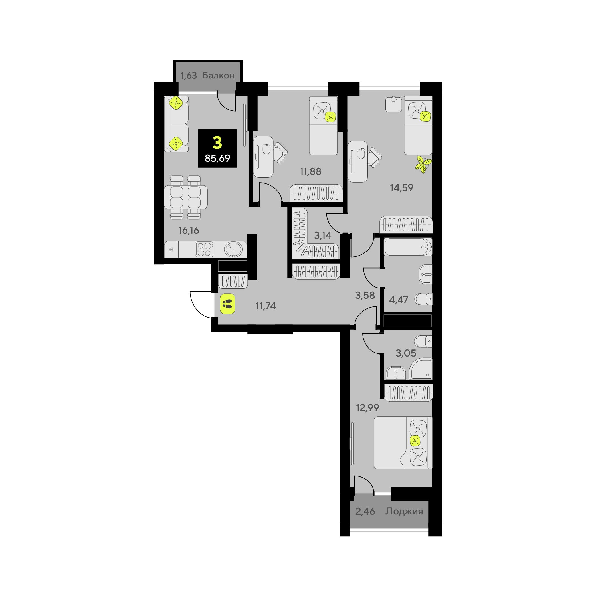 3-комнатная 85 м2 в ЖК Окинава корпус null этаж 5