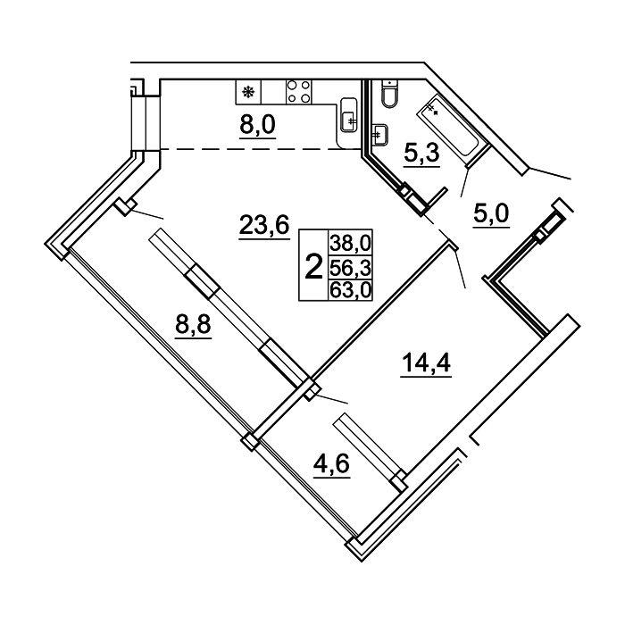 2-комнатная 62 м2 в ЖК Сингапур корпус null этаж 1