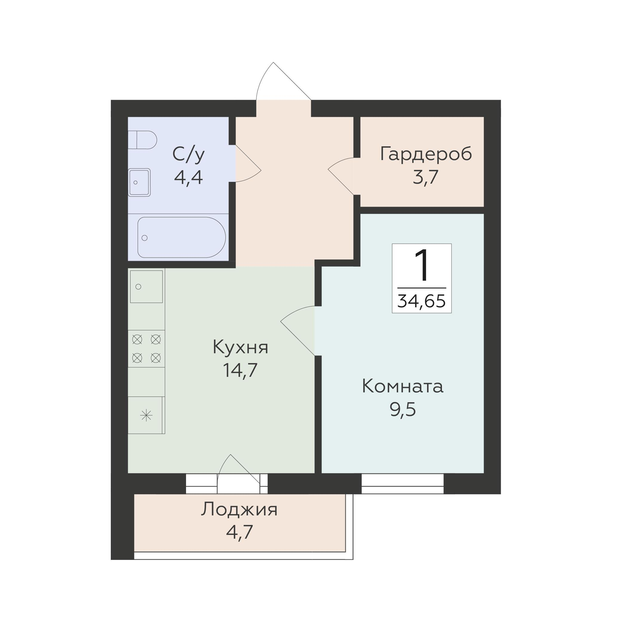 1-комнатная 34 м2 в ЖК Классики корпус null этаж 9