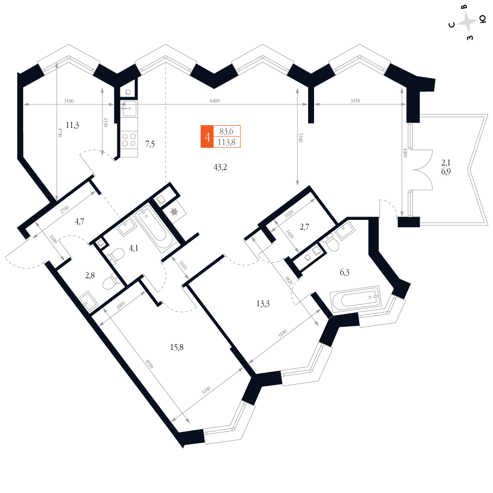4-комнатная 113 м2 в ЖК Фордевинд корпус null этаж 14