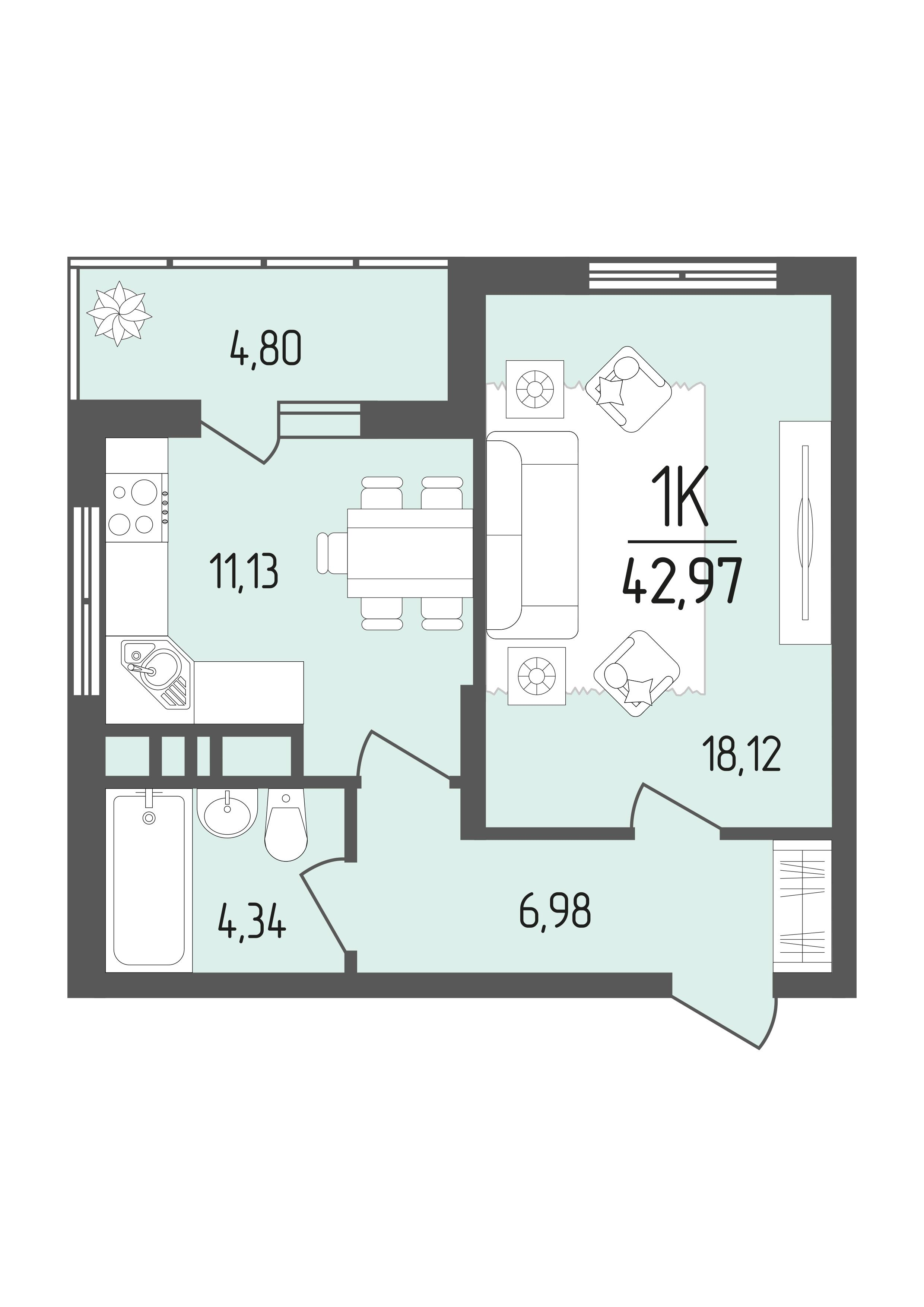 1-комнатная 42 м2 в ЖК Кумир корпус null этаж 7