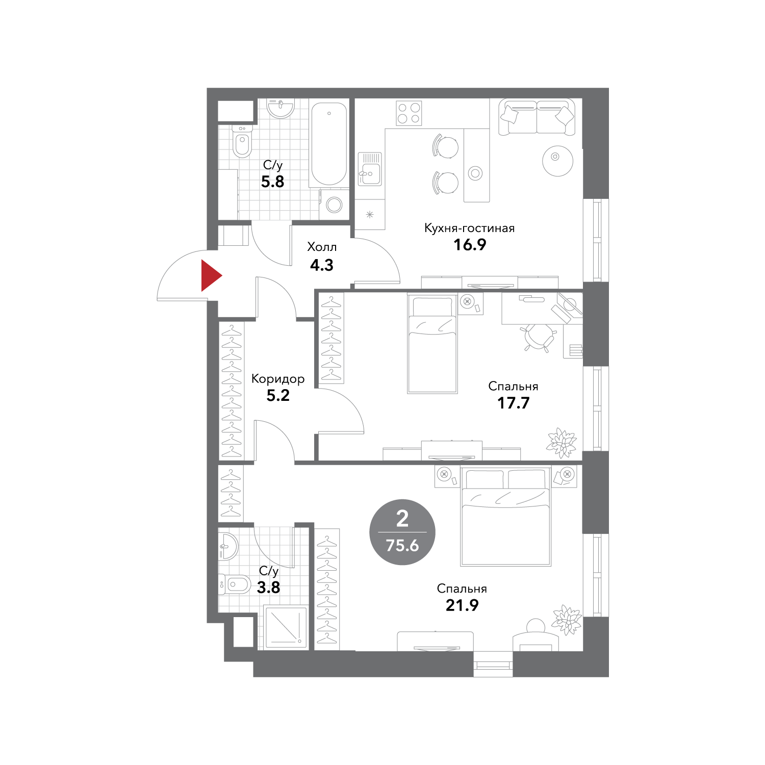 2-комнатная 75 м2 в ЖК Voxhall корпус null этаж 16