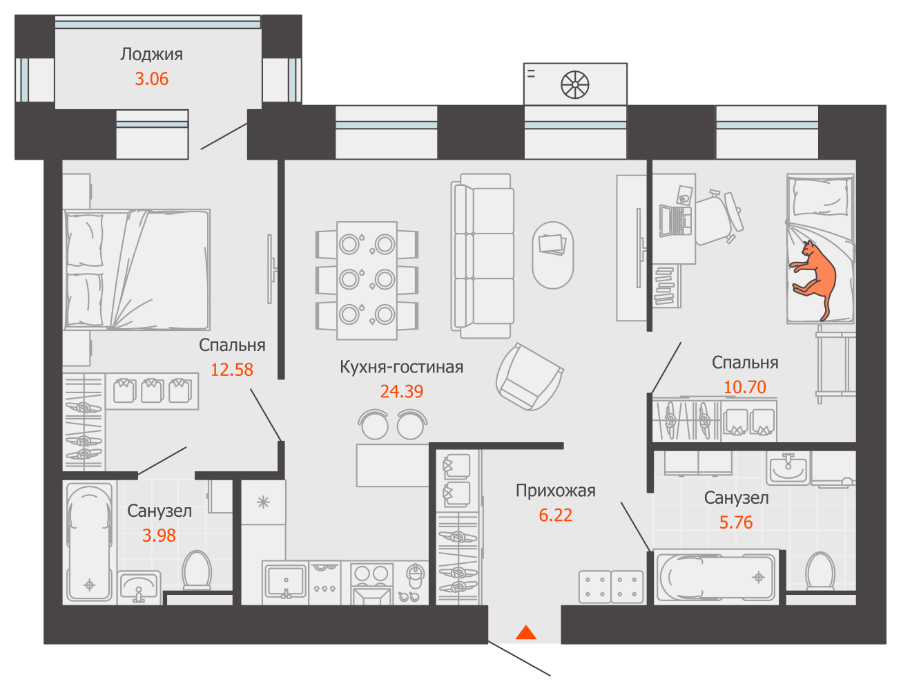 3-комнатная 65 м2 в ЖК Зарядное корпус null этаж 1