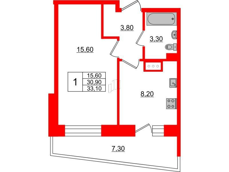 1-комнатная 33 м2 в ЖК Стороны света корпус null этаж 3