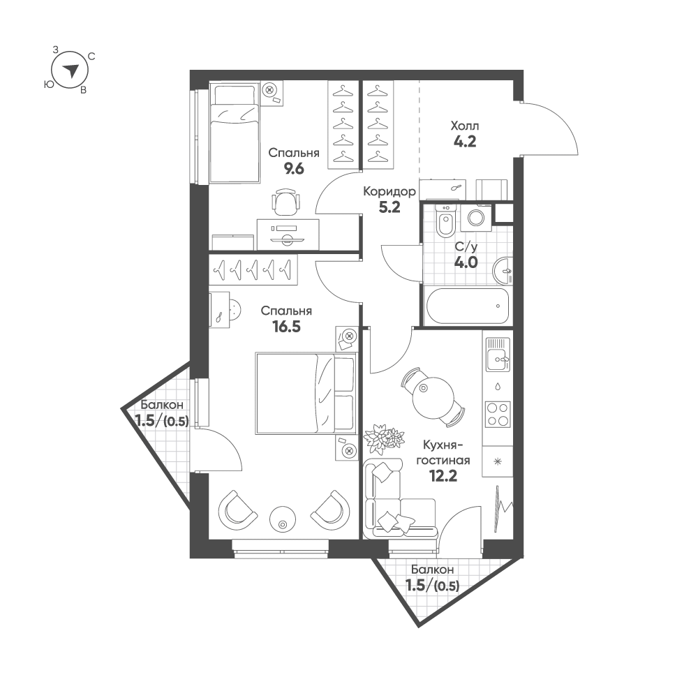 2-комнатная 52 м2 в ЖК Sokolinn Park корпус null этаж 6