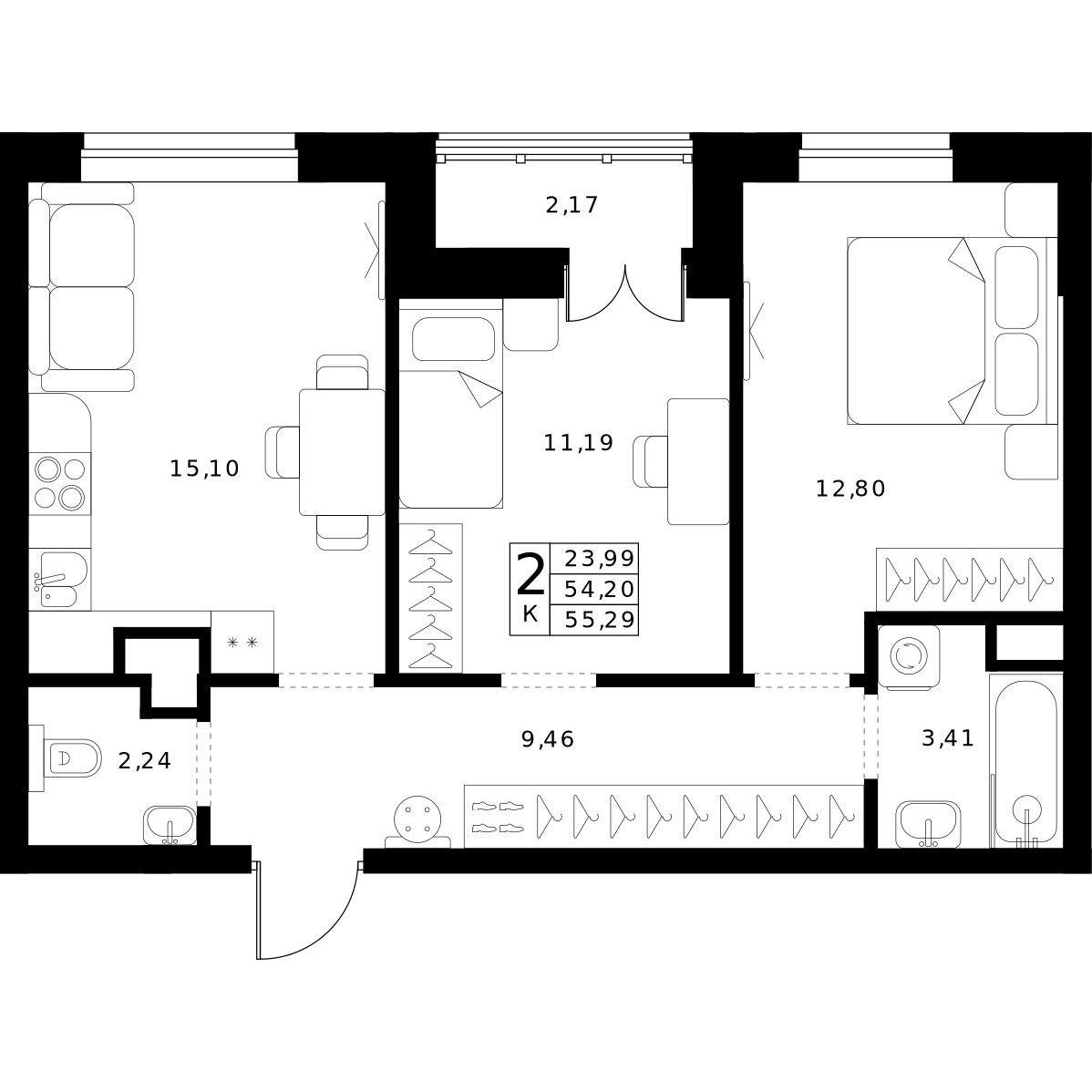 2-комнатная 55 м2 в ЖК Мёд корпус null этаж 11