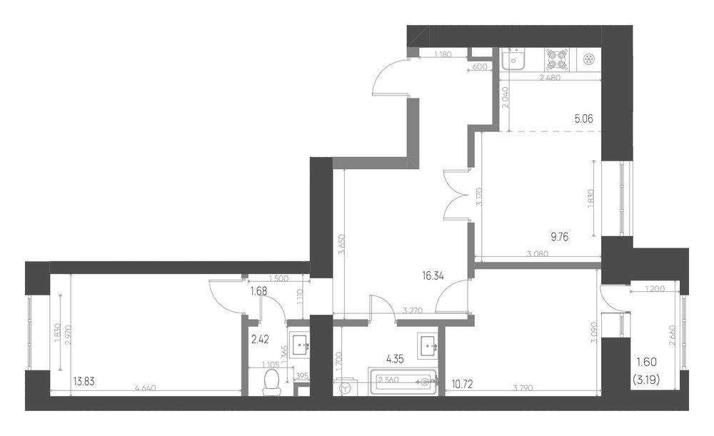 3-комнатная 65 м2 в ЖК Калина корпус null этаж 6