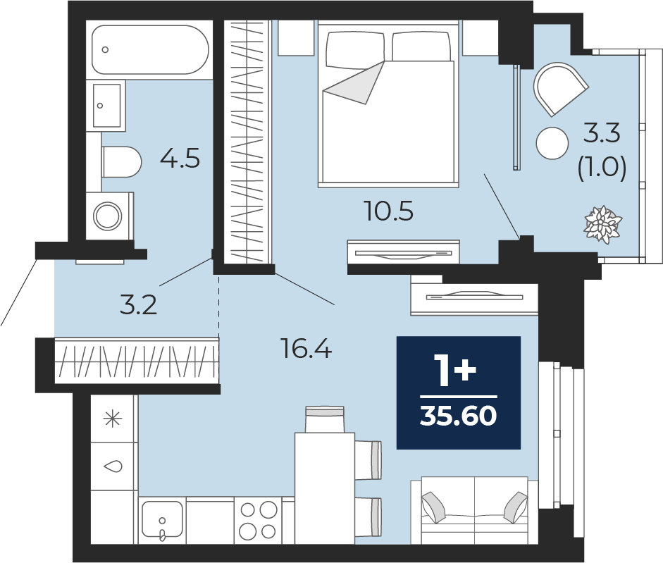 1-комнатная 34 м2 в ЖК Мириады корпус null этаж 10
