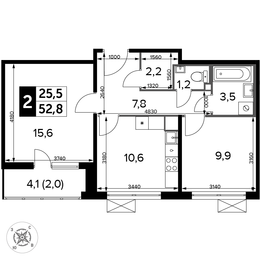 2-комнатная 53 м2 в ЖК 1-й Ленинградский корпус null этаж 13