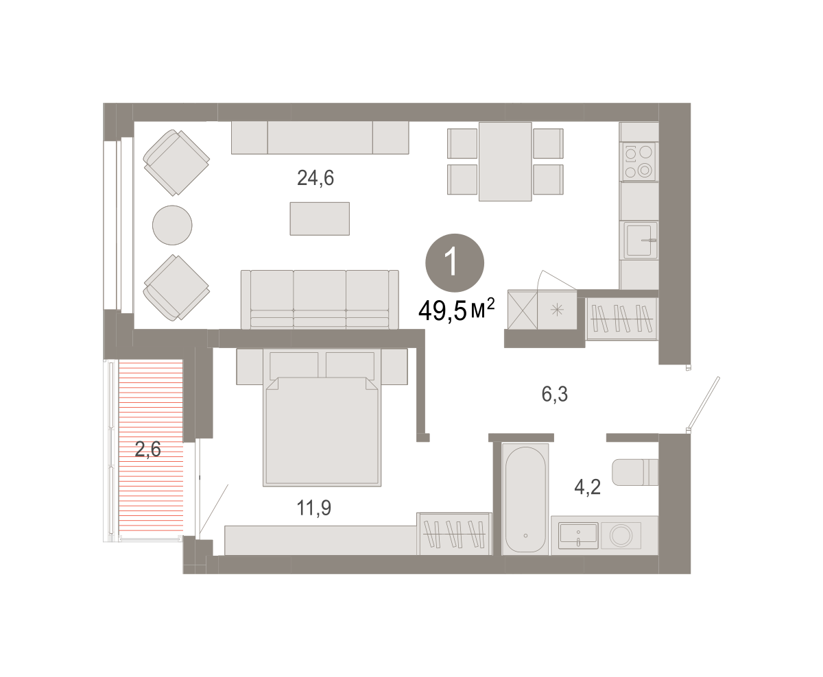 1-комнатная 49 м2 в ЖК Квартал Нефть корпус null этаж 5