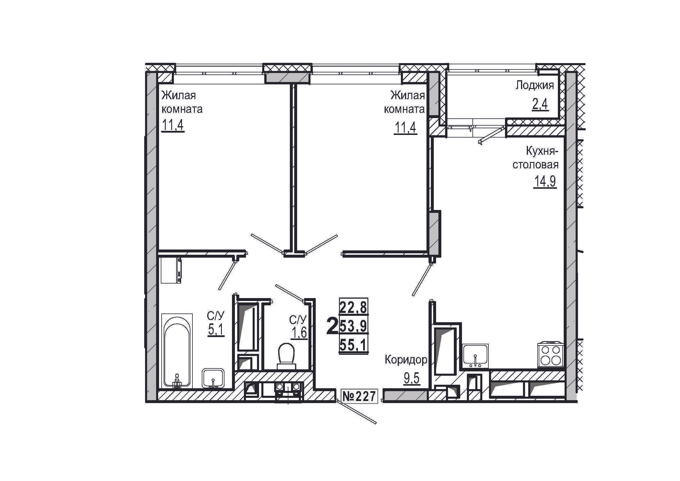 2-комнатная 55 м2 в ЖК Дом на Маяковского корпус null этаж 9