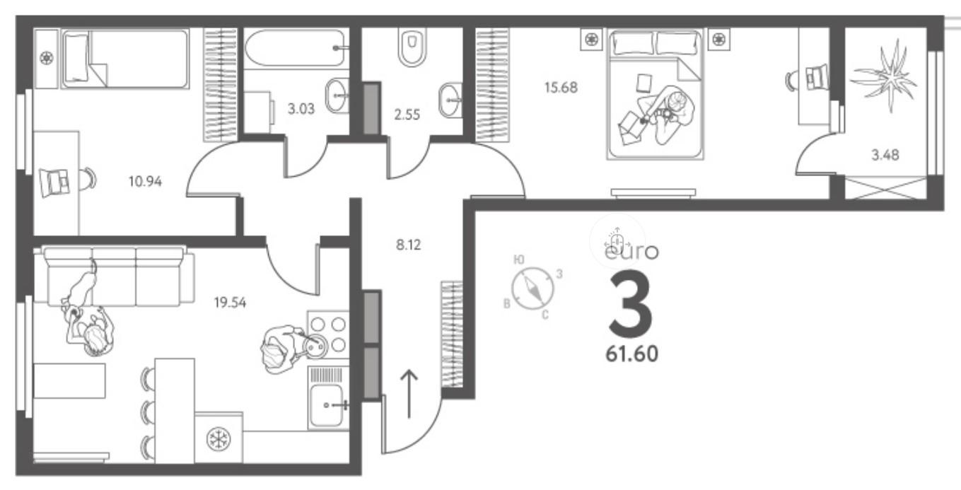 2-комнатная 61.6 м2 в ЖК undefined корпус null этаж 14