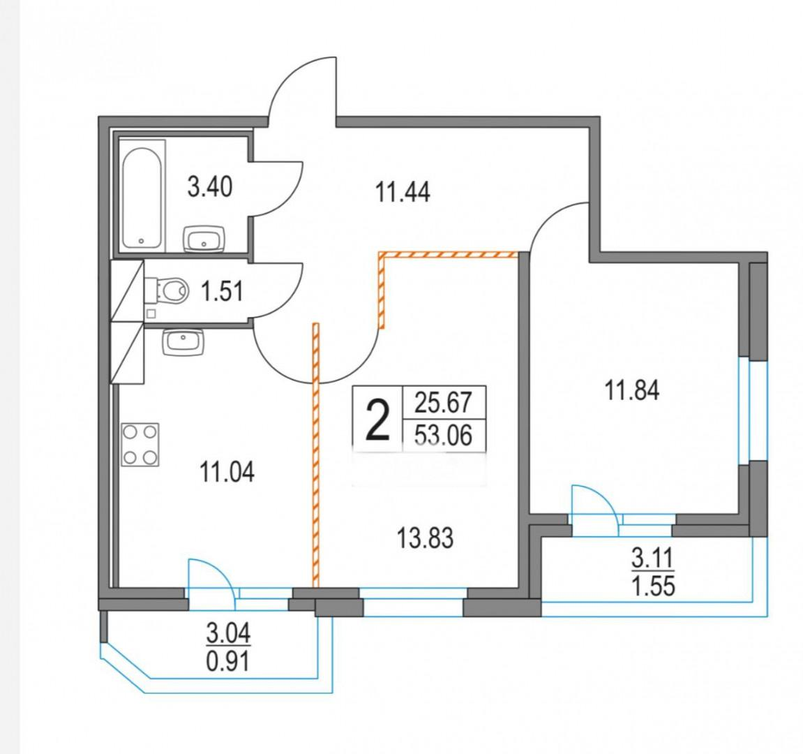2-комнатная 53.1 м2 в ЖК undefined корпус null этаж 4