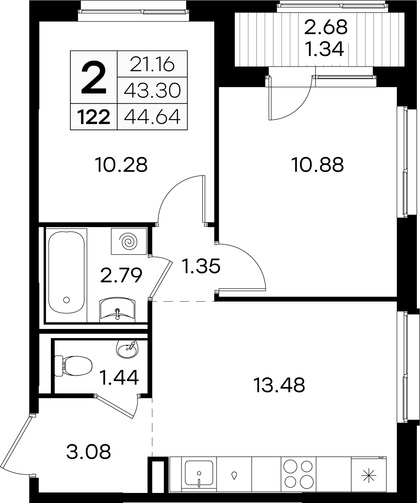 2-комнатная 44 м2 в ЖК Glorax Новинки корпус null этаж 2