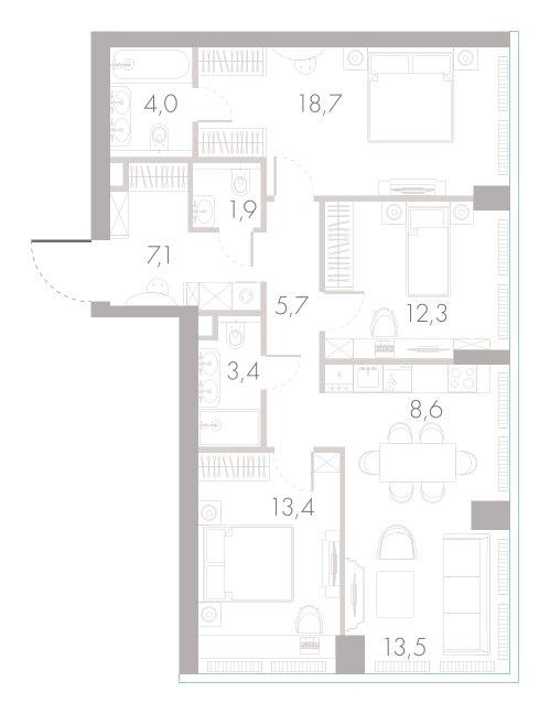 4-комнатная 88 м2 в ЖК River Park Towers Кутузовский корпус null этаж 8