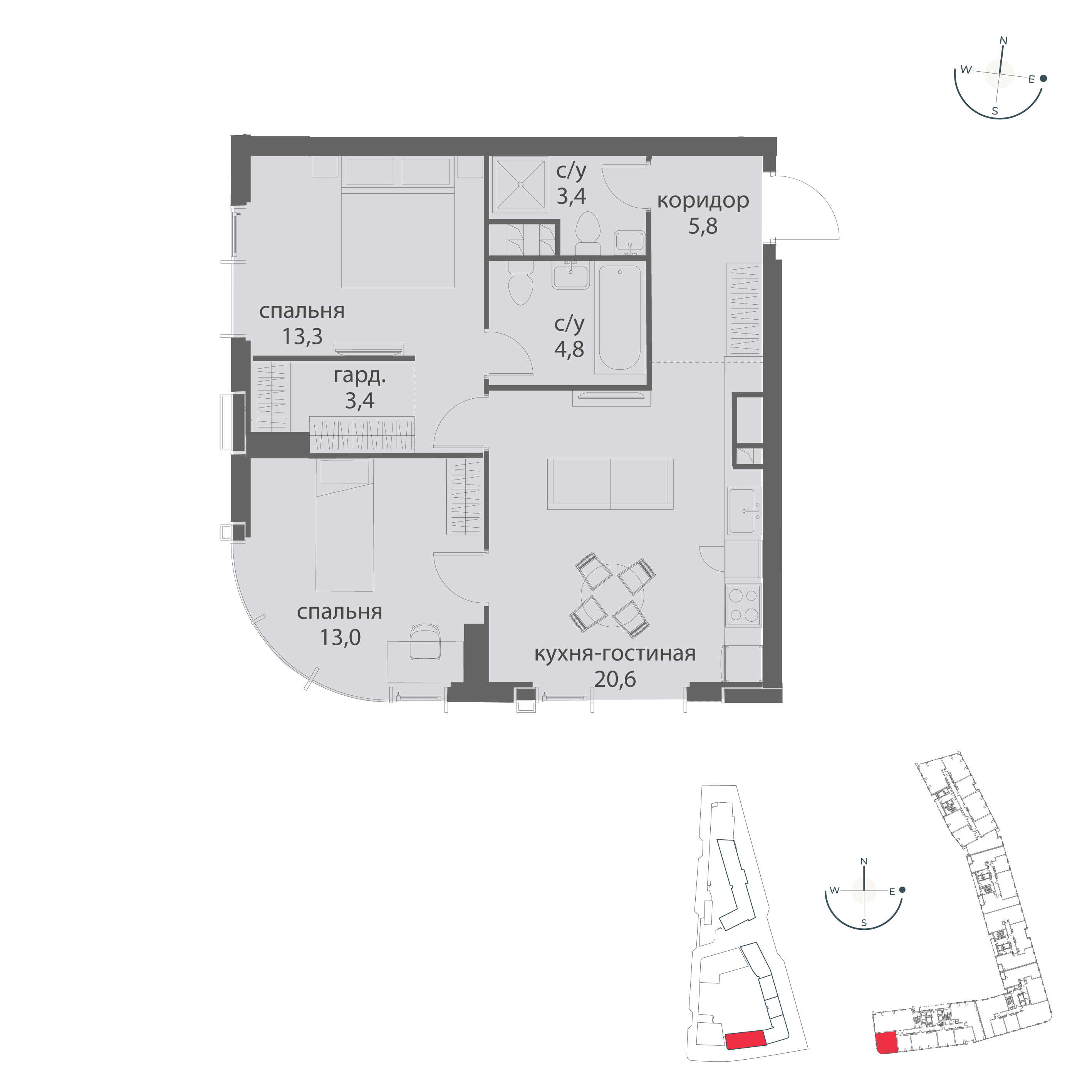 1-комнатная 64 м2 в ЖК Событие корпус null этаж 9