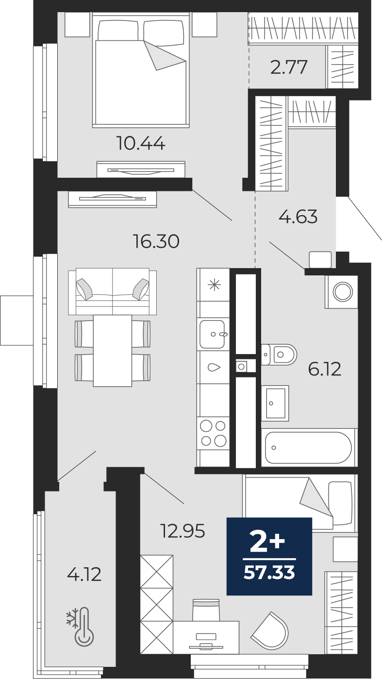 2-комнатная 53 м2 в ЖК Мириады корпус null этаж 6