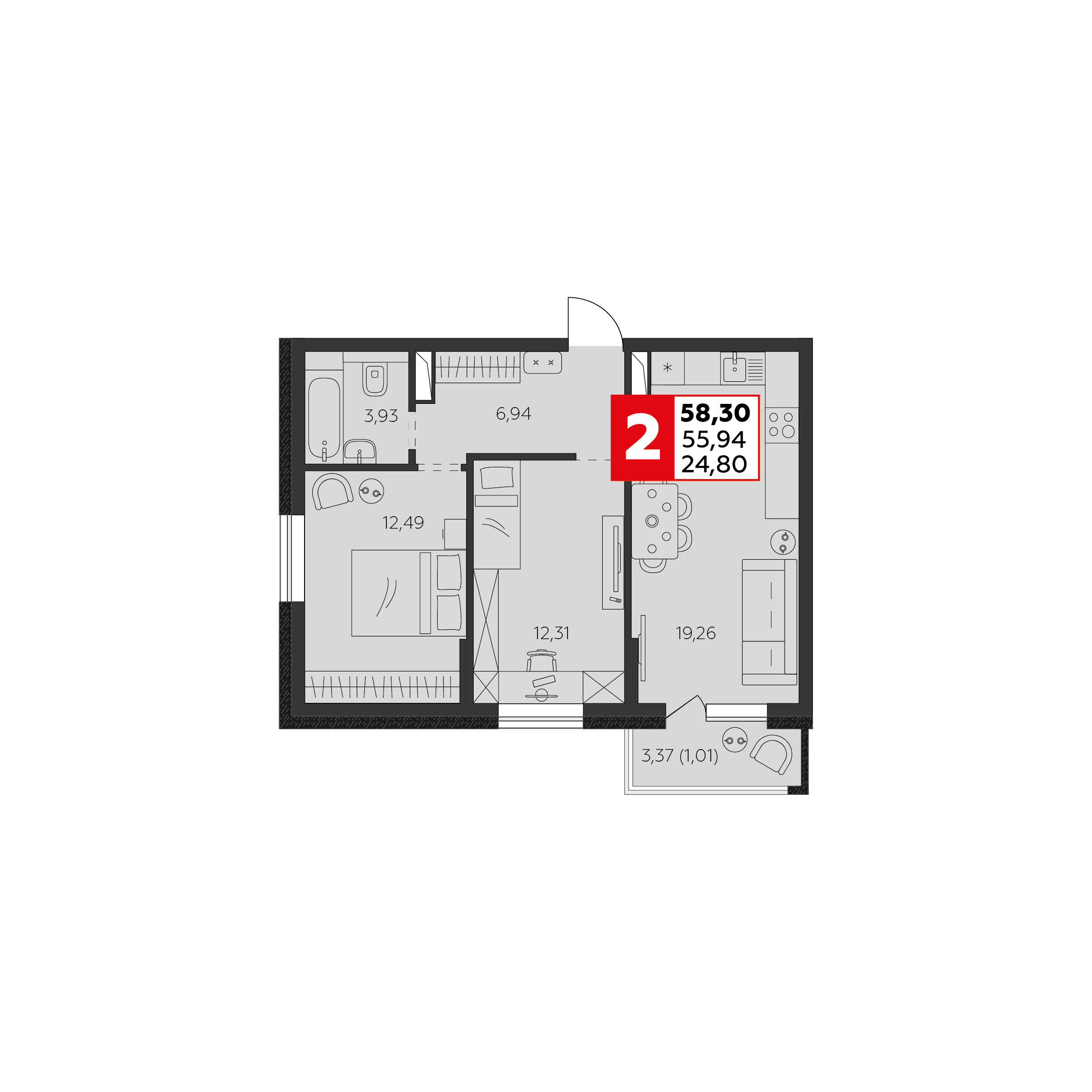 3-комнатная 55 м2 в ЖК К24 корпус null этаж 6
