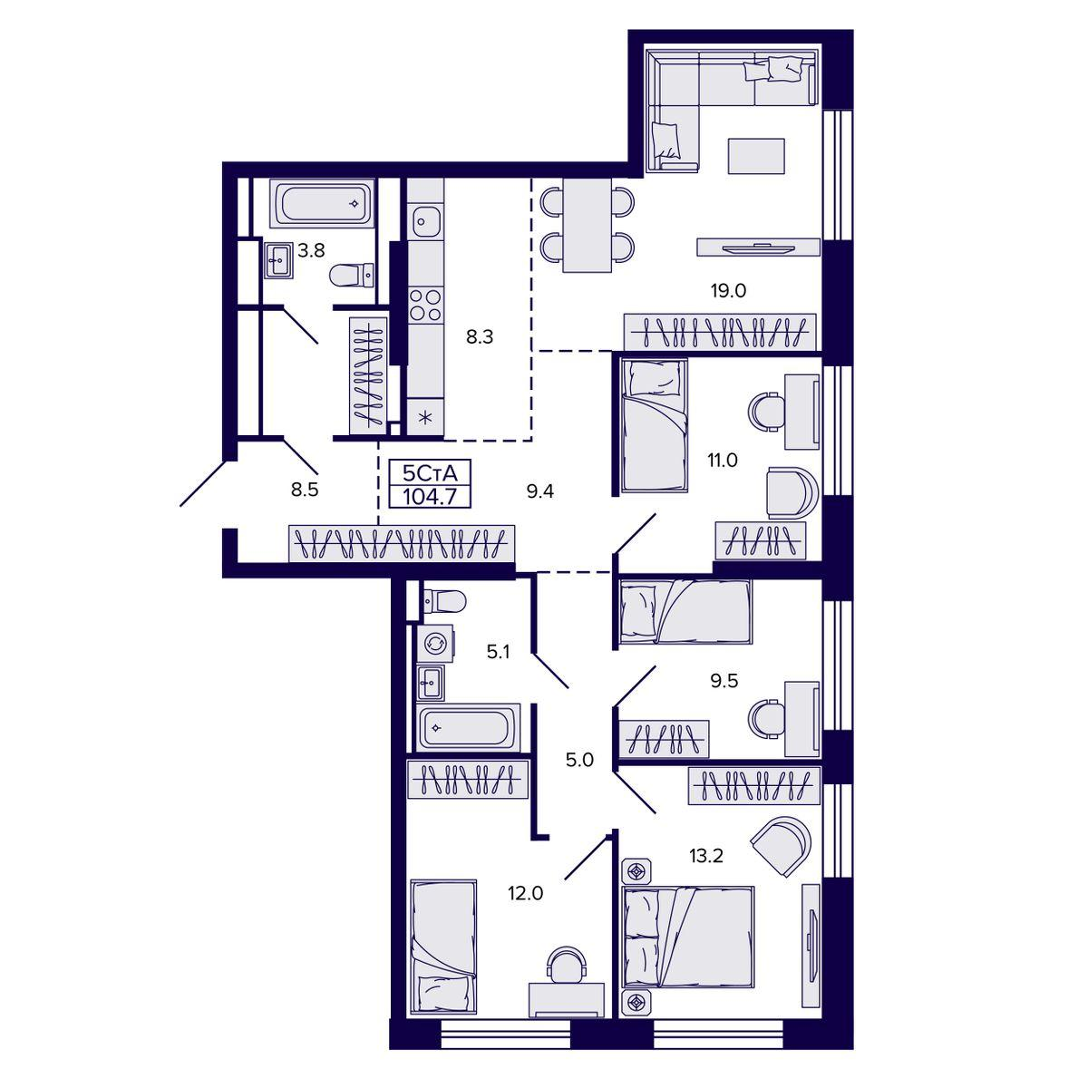 5-комнатная 104 м2 в ЖК Самородный квартал корпус null этаж 22