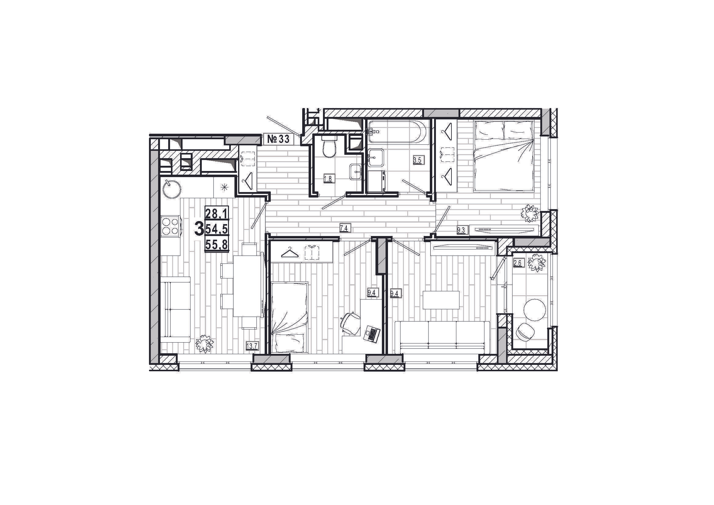 3-комнатная 55 м2 в ЖК Дом на Маяковского корпус null этаж 5
