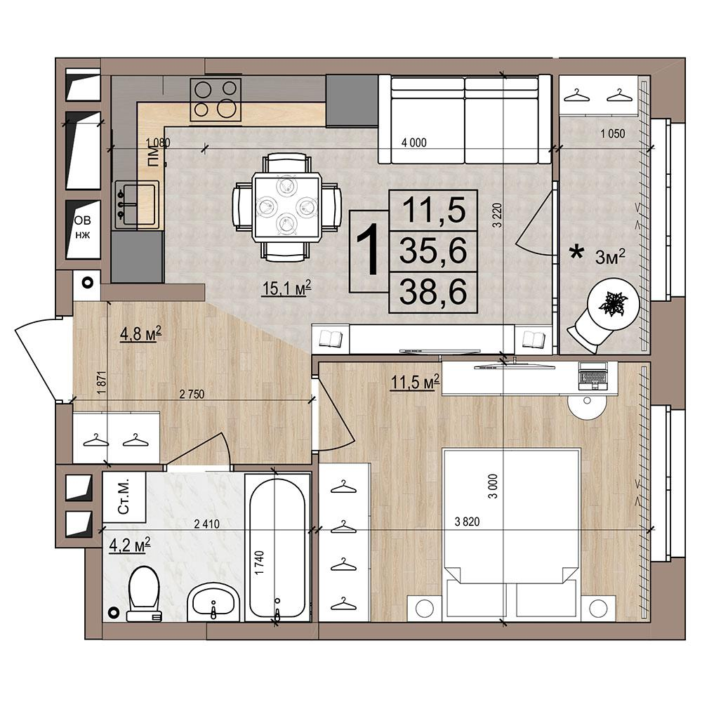 1-комнатная 38 м2 в ЖК Гранд Комфорт-2 корпус null этаж 14