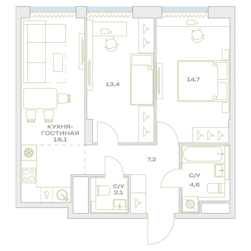 3-комнатная 60 м2 в ЖК Детали корпус null этаж 13