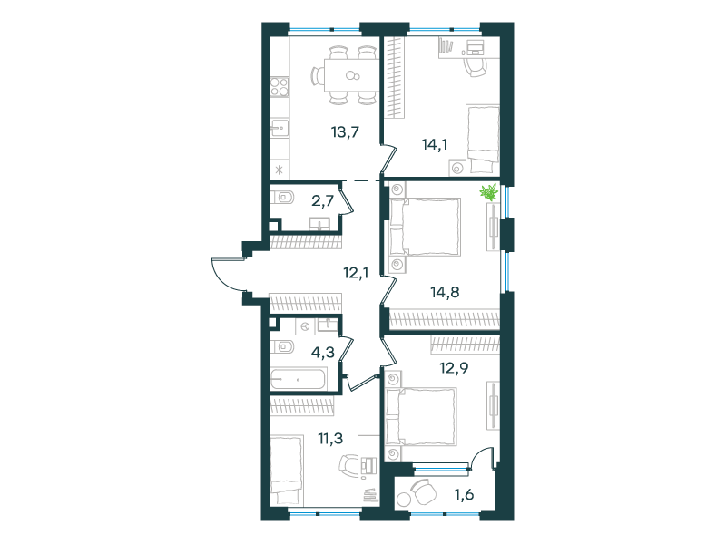 4-комнатная 87 м2 в ЖК Level Лесной корпус null этаж 2