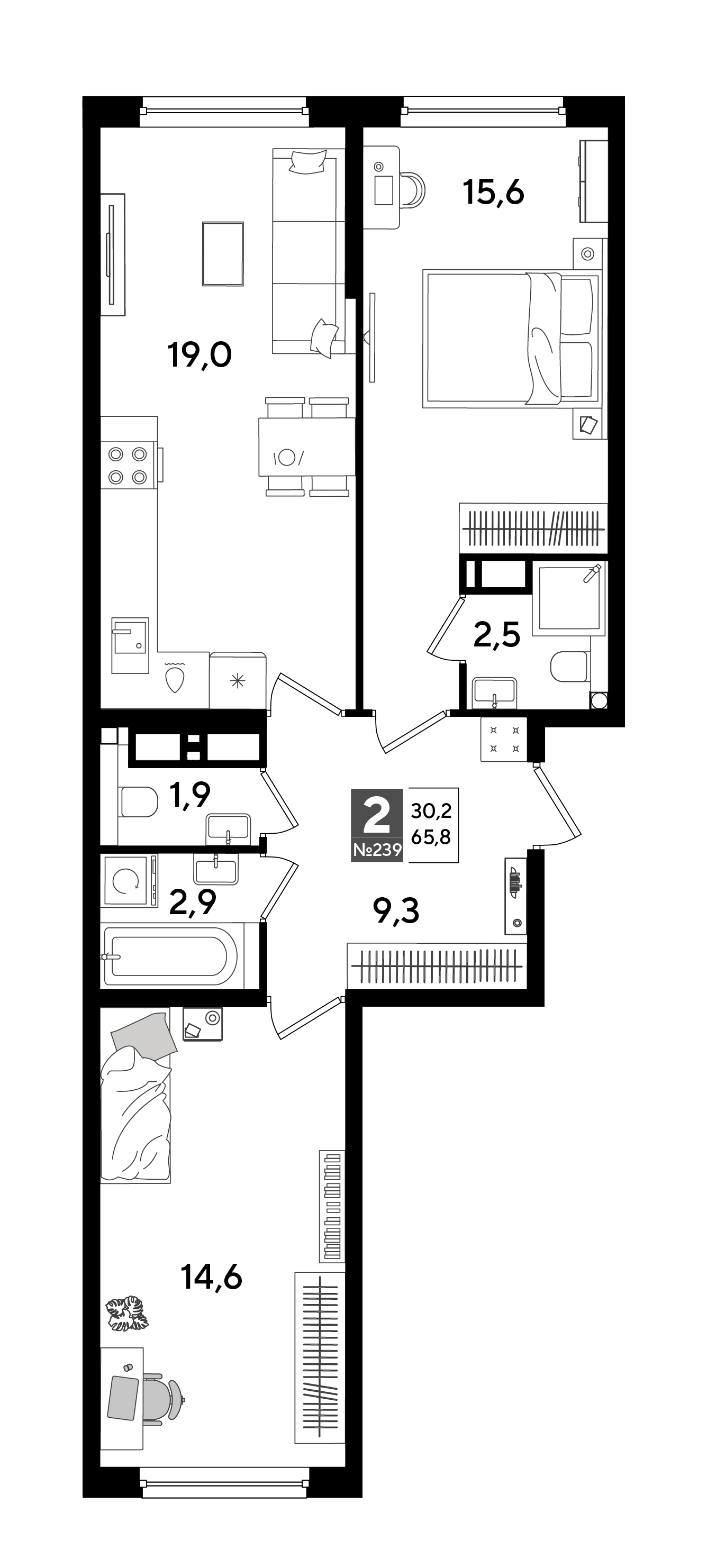 2-комнатная 65 м2 в ЖК Dogma Park корпус null этаж 13