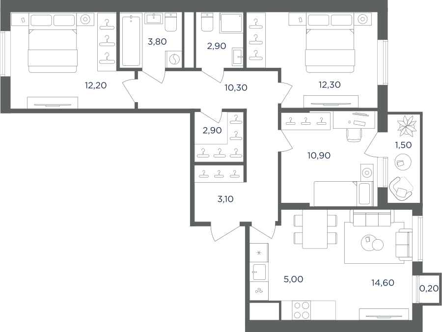 4-комнатная 78 м2 в ЖК Равновесие корпус null этаж 4