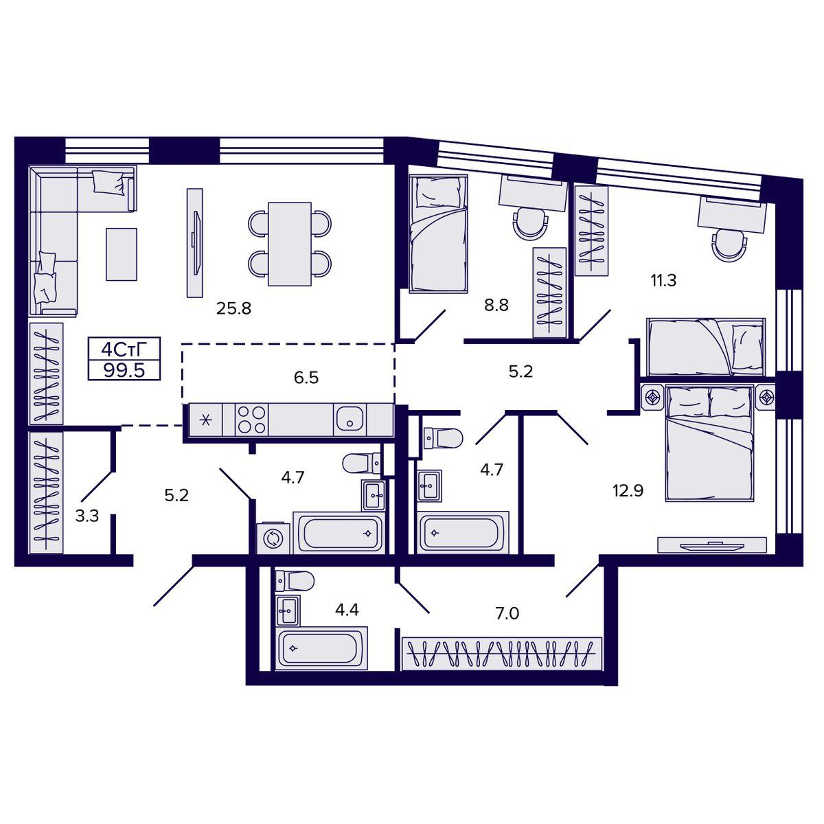 4-комнатная 99 м2 в ЖК Самородный квартал корпус null этаж 22
