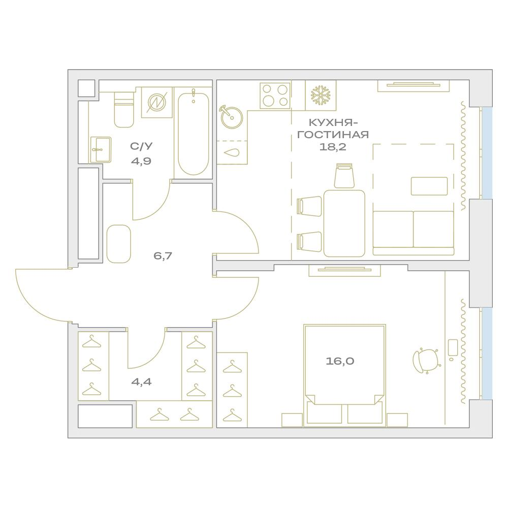 2-комнатная 50 м2 в ЖК Детали корпус null этаж 12