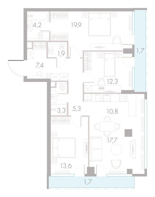 4-комнатная 100 м2 в ЖК River Park Towers Кутузовский корпус null этаж 22