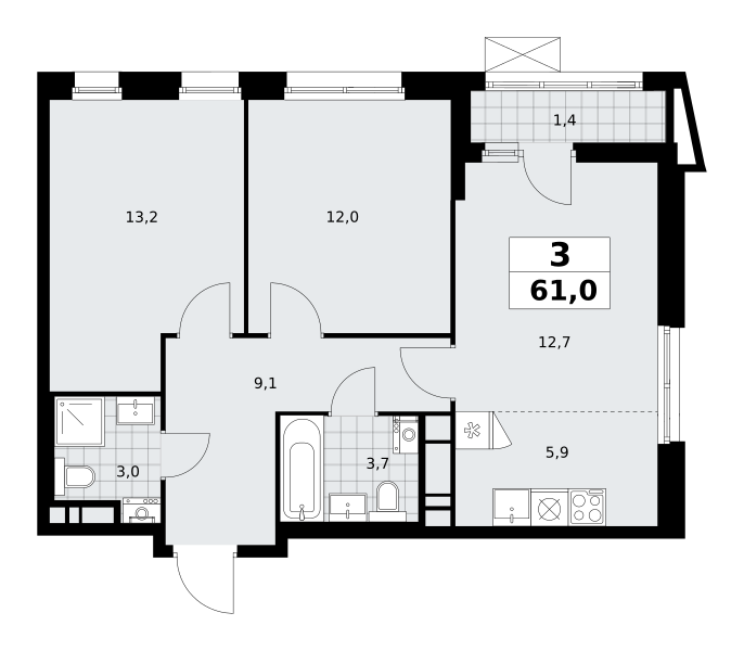 3-комнатная 61 м2 в ЖК Прокшино корпус null этаж 14