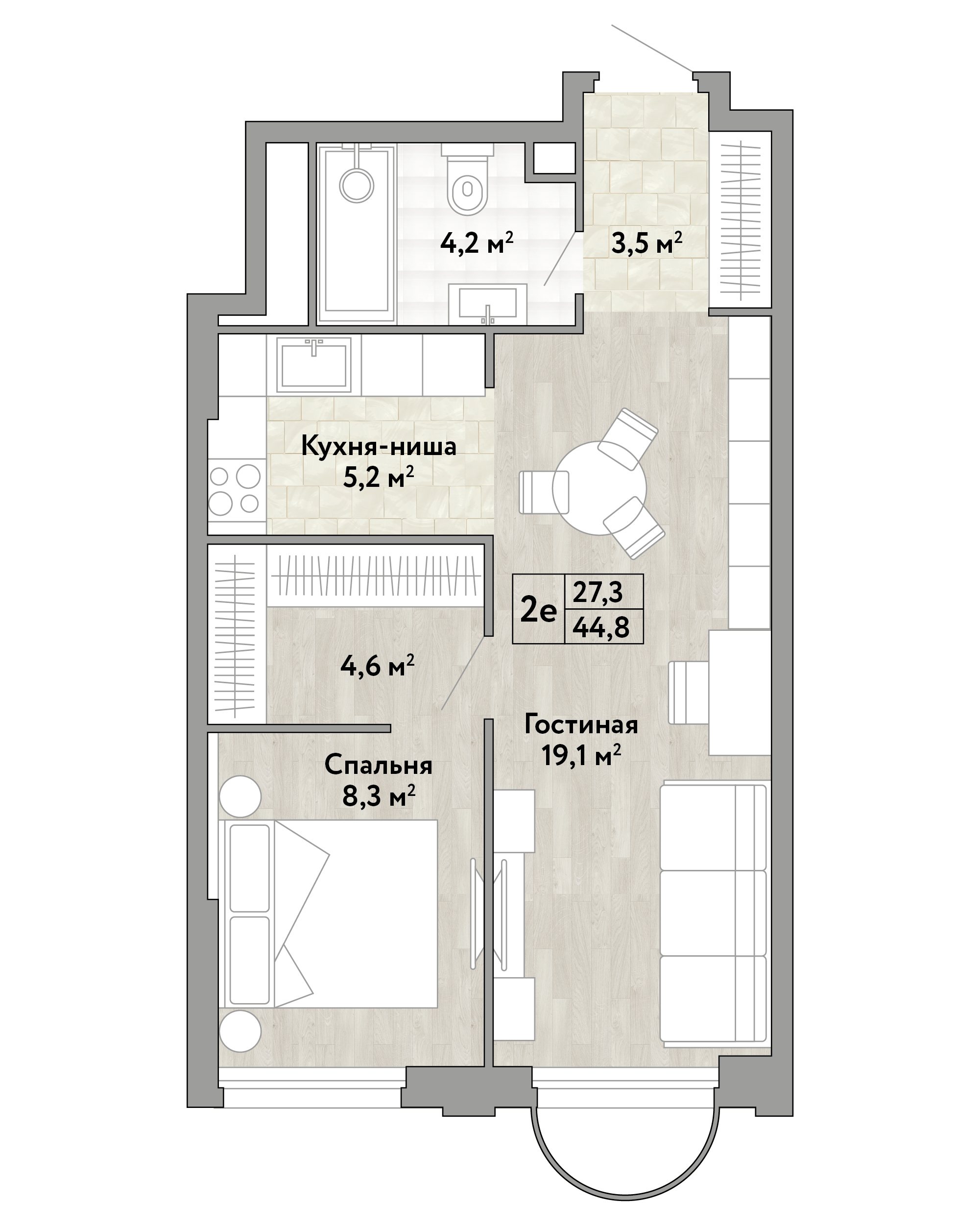 1-комнатная 44 м2 в ЖК Новые Смыслы корпус null этаж 13