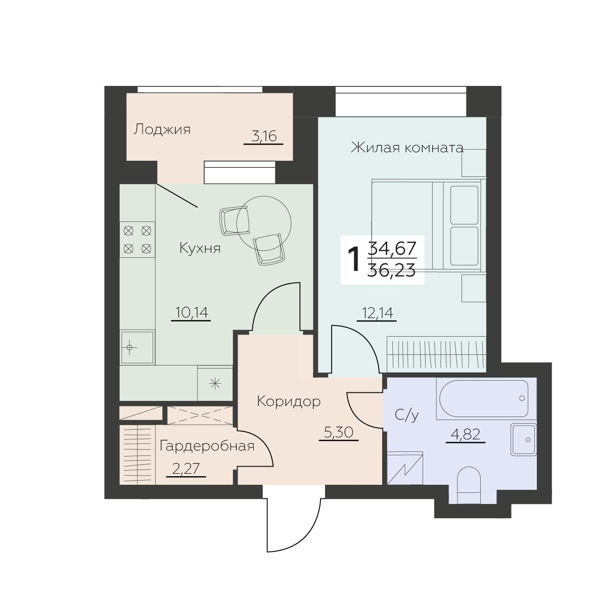 1-комнатная 36 м2 в ЖК Заря корпус null этаж 7