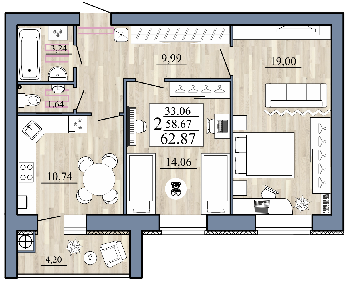 2-комнатная 62 м2 в ЖК Стрижи корпус null этаж 4