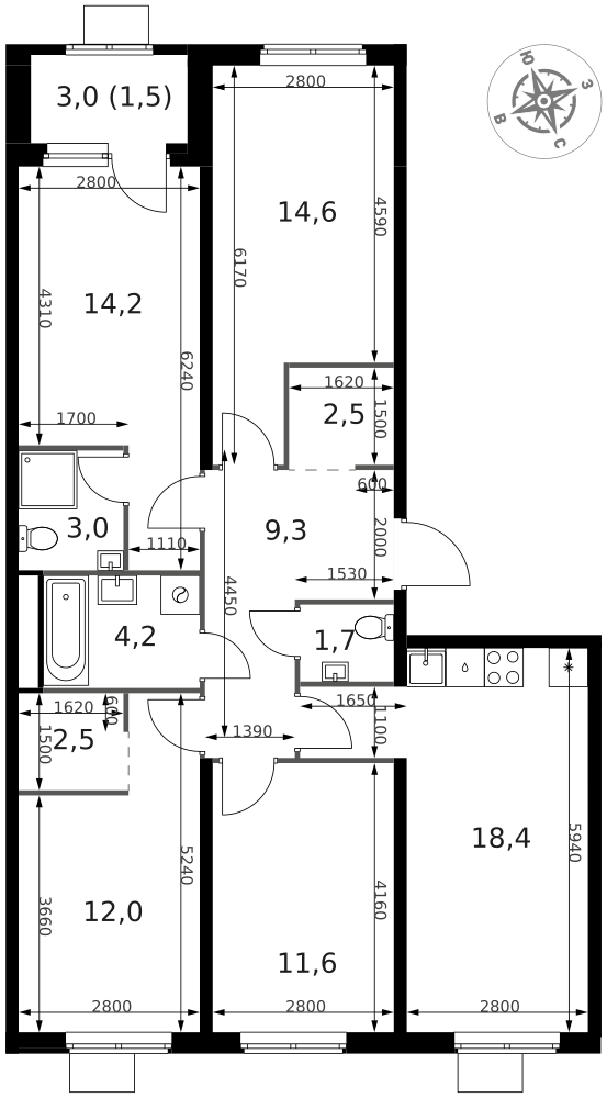 4-комнатная 95 м2 в ЖК 1-й Химкинский корпус null этаж 3