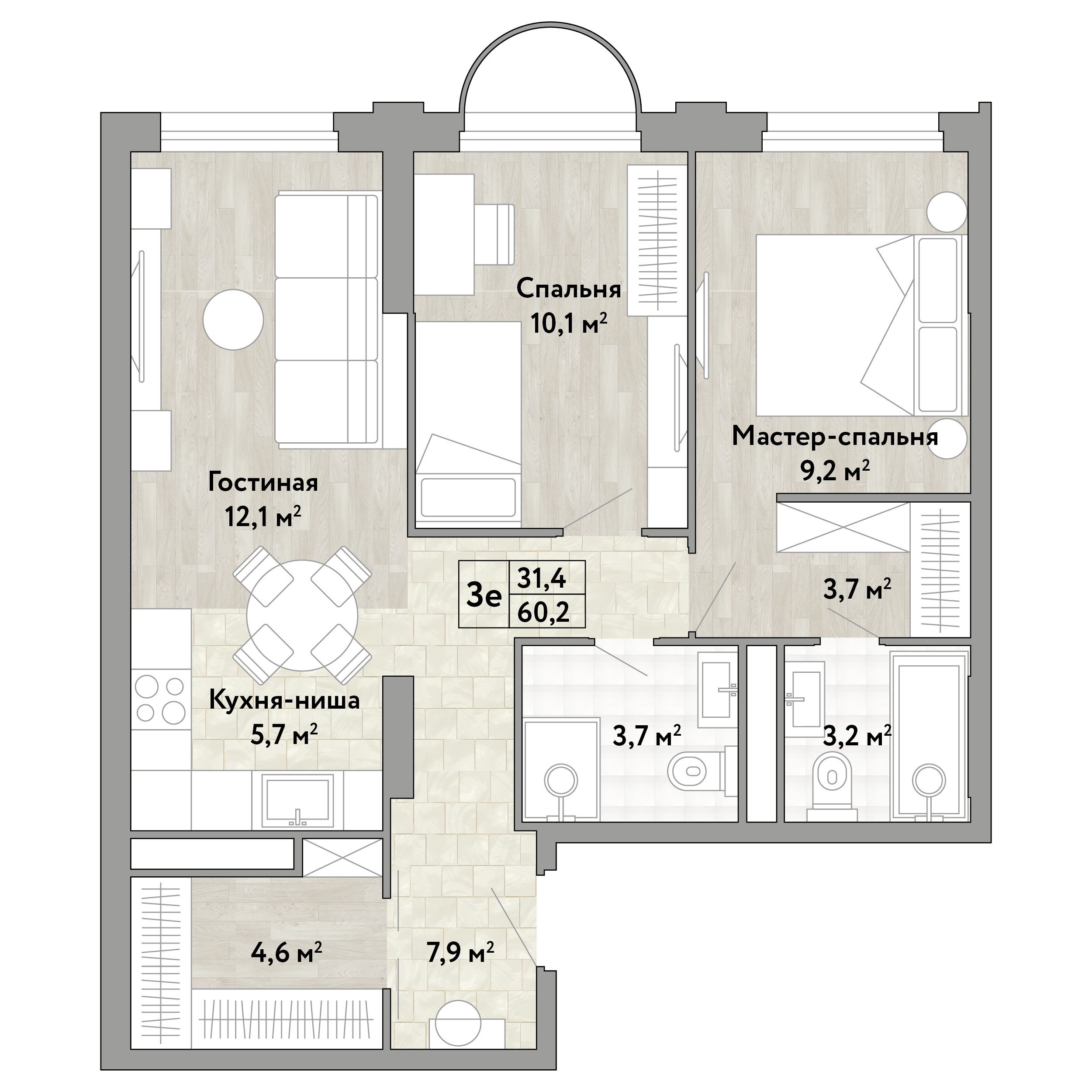 2-комнатная 60 м2 в ЖК Новые Смыслы корпус null этаж 15
